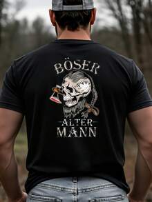 Maglietta da uomo stile gotico con design teschio e ascia e testo tedesco "Böser Alter Mann" per un look casual in autunno e inverno, regalo perfetto per lui, stampa sul retro, oversize. - nero - Visualizzare 1