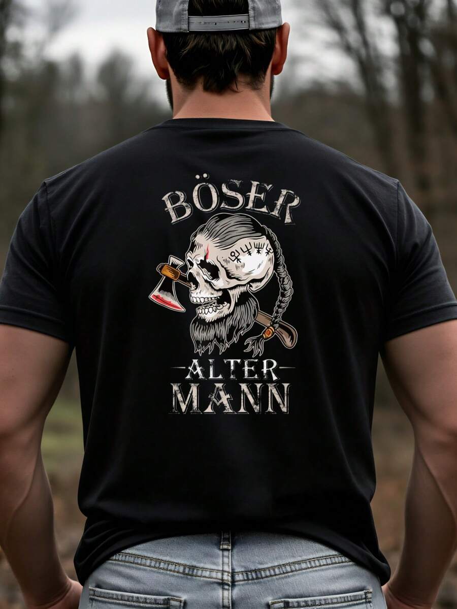 Maglietta da uomo stile gotico con design teschio e ascia e testo tedesco "Böser Alter Mann" per un look casual in autunno e inverno, regalo perfetto per lui, stampa sul retro, oversize. - nero - Visualizzare 1