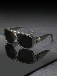 1 Pair Men's Black & Gold Top Beam Embossed Badge Square Frame Glasses, Light Luxury Vintage High-End Elegant Luxurious Classical Fashion Eyewear, Suitable For Vacation, Gathering, Dinner, Party - Multicolor - View 6