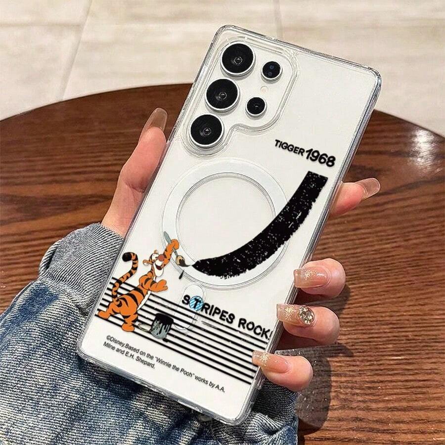 Disney-Handyhülle, Cartoon-Tigger mit schwarzen Linien, süßer und personalisierter Stil, unterstützt MagSafe, passend für Galaxy S22, S22PLUS, S22ULTRA, S23FE, S24, S23PLUS, S24ULTRA, S23ULTRA, S24FE, S24PLUS, S25, S25PLUS, S25ULTRA, aus Acryl, transparente Vollschutz-Hülle - Transparent - Übersicht 1
