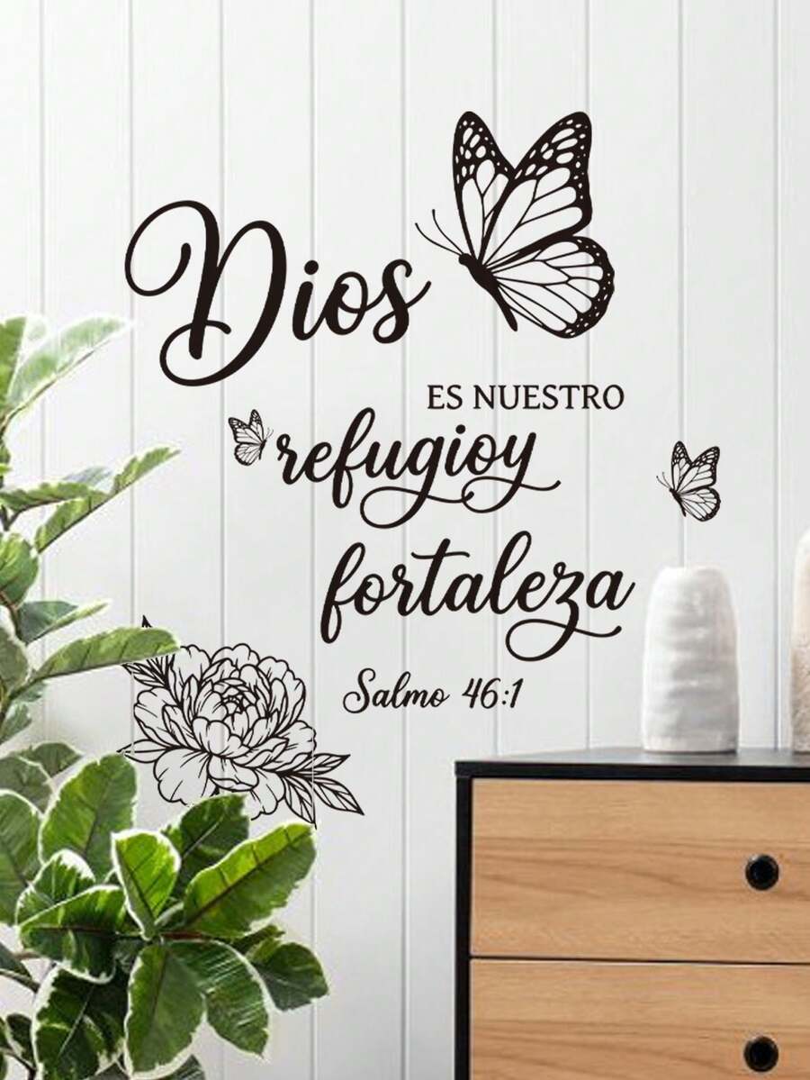 1pc Minimalist Sketch Floral Butterfly English Phrase Wall Decor Sticker, Removable Room Decoration Wall Decal For Bedroom, Living Room, Study - 1PC - View 1