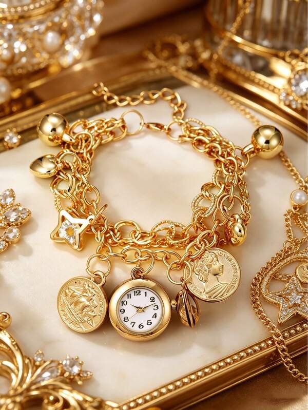 1PC Elegant Fashion French Vintage Heart (Synthetic) Red Crystal Multi-Pendant Bracelet Watch, Luxury Elegant Niche Women's Quartz Watch, Suitable For Valentine's Day, Christmas, Mother's Day, Anniversary, Thanksgiving And Other Holiday Gifts For Family And Friends
