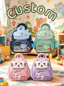 1pc Mini Back To School Personalized Customizable Versatile Cute Cartoon Dinosaur & Kitten Theme Backpack, Zipper Closure Nylon Material, Adjustable Shoulder Straps, Hand-Carry, Suitable For School, Shopping, Outdoor Trips, Daily Use. Birthday Gift. - Multicolor - View 1