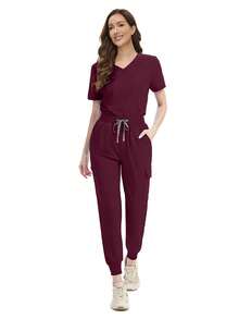 Women's Doctor/Nurse Uniform Set, Hospital Operating Room Surgical Gown, Beauty SPA Workwear - Burgundy - View 6