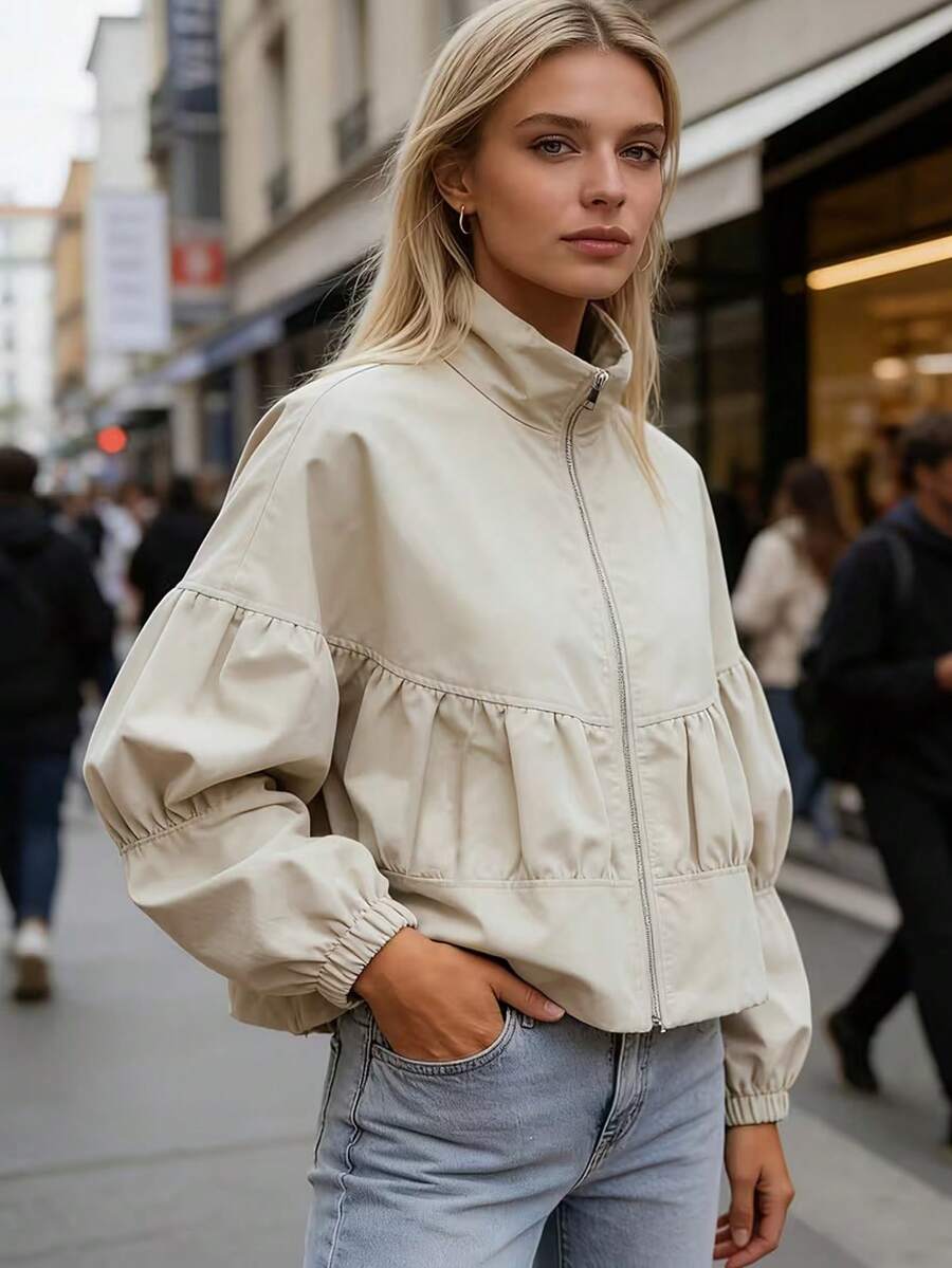 European And American Casual Women's Zipper Jacket, Elegant Versatile Solid Color - Apricot - View 1