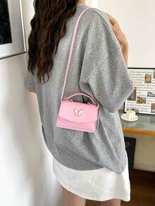 Mini Small Bag V-Shaped Embossed Solid Color PU Ruffled Edge Bow Handbag Flap Crossbody Women's Bag - Pink - View 7
