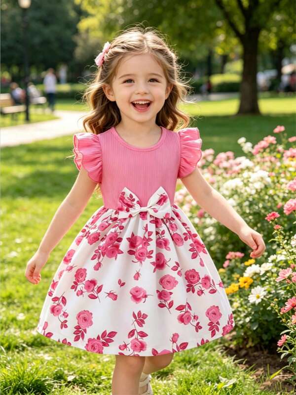 Girls' Summer Ruffled Sleeve Bow-Tie Rose Print Sweet Casual Vacation Dress