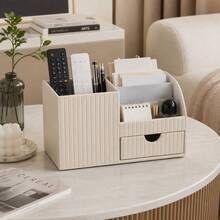 1pc Italian Luxury Vertical Striped PU Leather Drawer Organizer Box, Multi-Compartment Desktop Storage Holder, Suitable For Pens, Stationery, Remote Controls, Cosmetics, Keys, For Office And Bedroom Desktop Storage - View 6