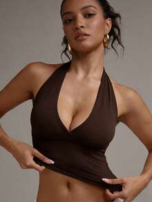 XLLAIS Top sexy de color liso con cuello en V, espalda descubierta y tirantes halter - Marrón oscuro - Ver 6