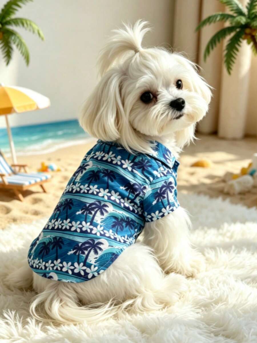 Hawaiian Style Dog Shirt, Lightweight Breathable Sun Protection Pet Clothes, Suitable For Medium & Small Dogs, Summer - Blue - View 1