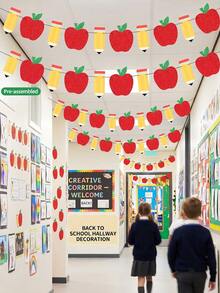 1 pieza Bandera decorativa de lápiz & manzana para regreso a la escuela, decoración de aula para el primer día de escuela, suministros para fiesta, decoración de aula y hogar para maestro de 1er grado, banner de desayuno - Multicolor - Ver 1