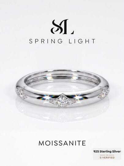 1PC Total Weight: 0.12CT Unique Diamond-Patterned Round Moissanite Ring, 925 Sterling Silver. Perfect For Women's Weddings Or Everyday Wear
