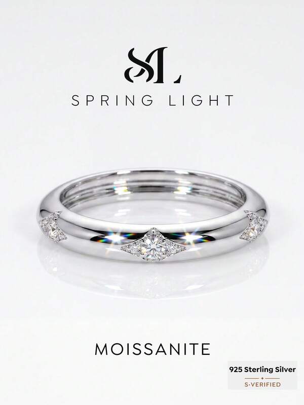 1PC Total Weight: 0.12CT Unique Diamond-Patterned Round Moissanite Ring, 925 Sterling Silver. Perfect For Women's Weddings Or Everyday Wear