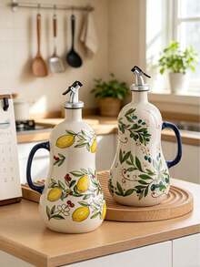 1pc Vintage Lemon Pattern Ceramic Oil Bottle, Hand-Painted Lemon Leaf Seasoning Bottle, Suitable For Olive Oil Bottle, Soy Sauce Bottle Or Oil Dispenser; Suitable For Hotel And Restaurant; Leak-Proof And Drip-Proof; Exquisite Gift - View 5