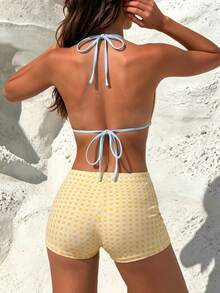 Conjunto de bikini 2026 de verano para mujer con parte superior de triángulo con copas y estampado de cuadros en color amarillo claro, calzones clásicos retro elegantes con estampado de cuadros, conjunto de 2 piezas con decoración de cuentas de colores lindos, adecuado para la playa, vacaciones, fotografía en la playa - Multicolor - Ver 11