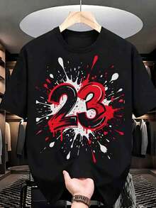 Men's Plus Size T Shirt - Heavy-Duty Model23Patterned Print With Red And Black Ink Splatter Effect,Soft And Breathable,Suitable For Daily Leisure,Home,Dating Attire - 23~~ S SI - 黑色 - 查看 1
