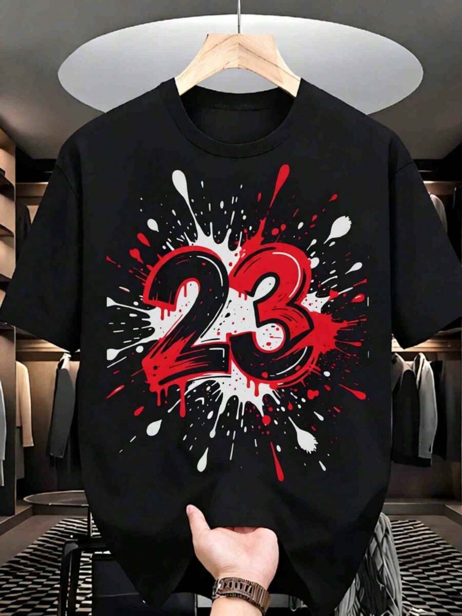 Men's Plus Size T Shirt - Heavy-Duty Model23Patterned Print With Red And Black Ink Splatter Effect,Soft And Breathable,Suitable For Daily Leisure,Home,Dating Attire - 23~~ S SI - 黑色 - 查看 1
