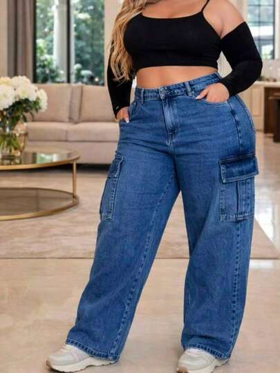 Calça Jeans Cargo Wide Leg Feminina Cintura Alta Azul Premium Plus Size