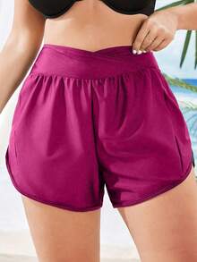 Swim Vcay Short Asymmetrical Size For Summer Bikini Solid Color - Red - View 1