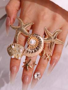 6pcs Bohemian Vintage Fashion Unique Personalized Exaggerated Pearl Shell Starfish Women's Ring Set, Suitable For Summer Commute, Beach Vacation, Women's Jewelry - Multicolor - View 2