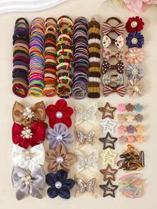 870PCS Morandi Color Vintage Girls Hair Accessories Set, Including Satin Bow Hair Clips, Double Layer Butterfly Hair Clips, Rhinestone Pearl Flower Side Clips, Bow Hair Ties, Star Snap Clips, Multiple Mini Claw Clips, Bubble Hair Ties, Bamboo Knot Towel Hair Bands, Lace Elastic Hair Bands And TPU Rubber Bands, Suitable For Girls Daily, Party, Travel Use - Multicolor - View 3