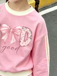 Tween Girl Letter Print Crew Neck Long Sleeve Top And Flare Pants - Pink - View 4