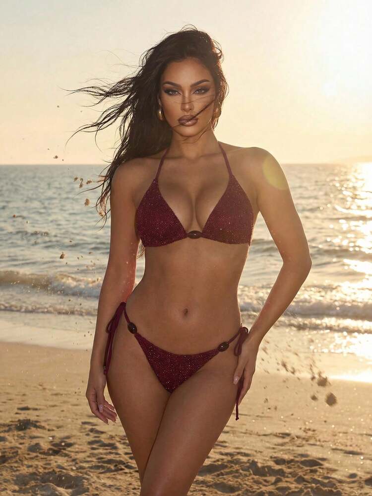 ra primavera/verano 2026, bikini de dos piezas con tirantes de espagueti, halter de unicolor, sexy con lazos laterales, tanga, bikini verde azulado con lazos, bikini texturizado de triángulo - Burdeos - Añade 1