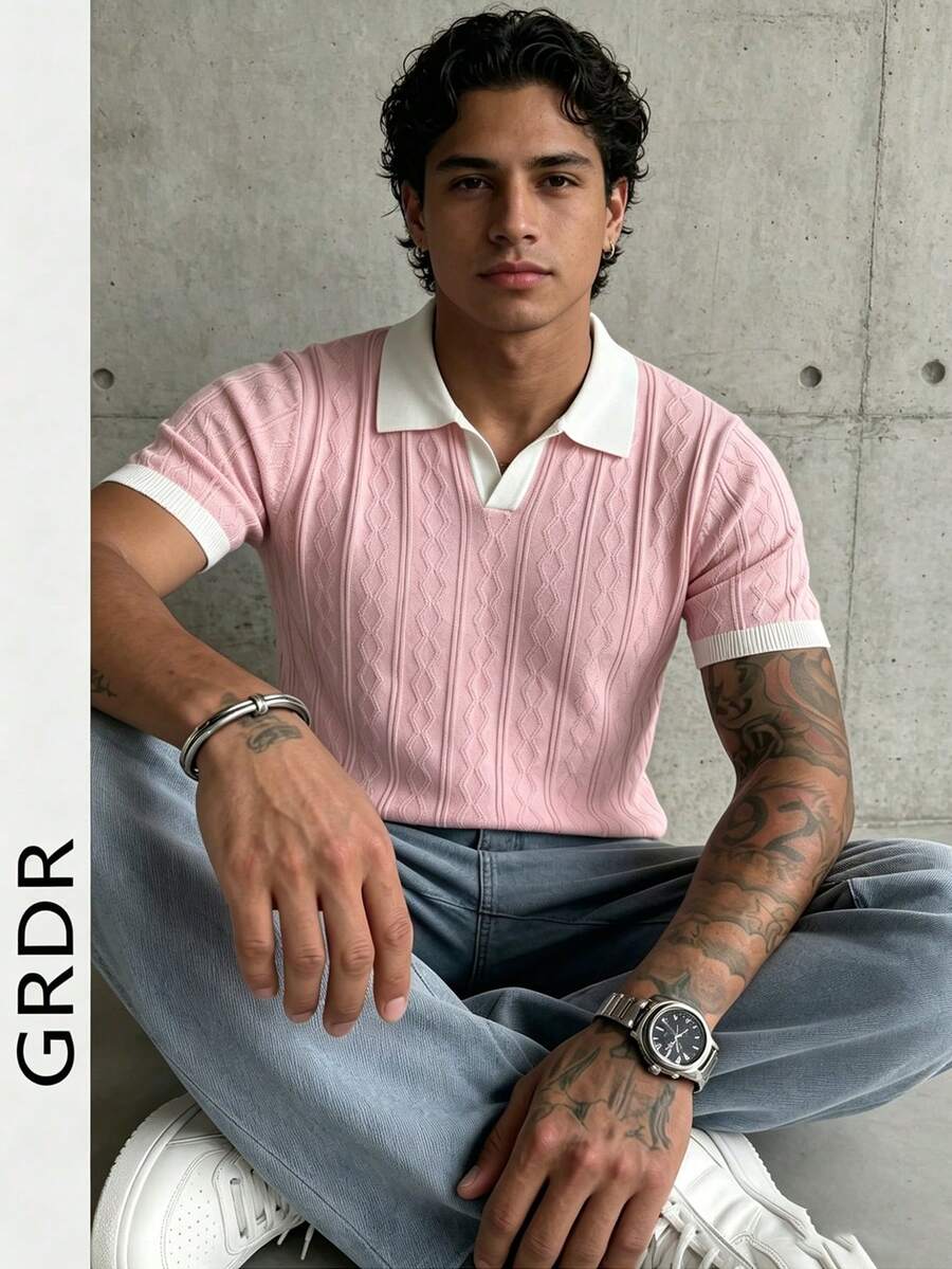 GRDR Men's Lightweight Seagull Collar Solid Color Short Sleeve Knit Sweater, Suitable For Summer Outings, Essential For Fashionable Styling
