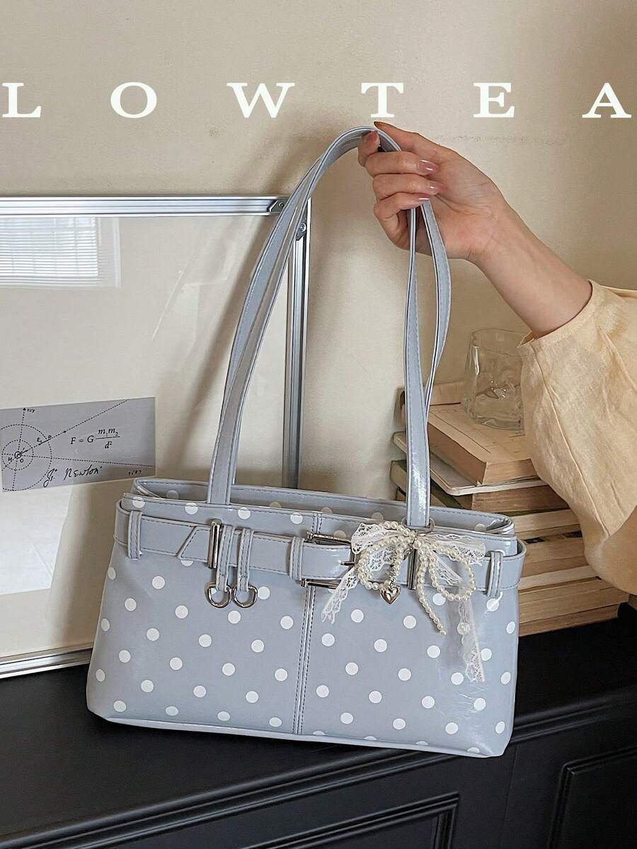 Low Tea 1pc Colorblock PU Fabric Shoulder Bag Women's Fashion Square Bag All-Over Polka Dot Pattern Top Double Handle Design Zipper Closure Suitable For Travel, Shopping, Dating, Women's Gift, Perfect For Commuting, Outdoor, Travel, Outing