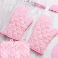 Refreshing Pink & Blue Kitchen Heat Resistant Gloves & Pot Holders Set, Thick Non-Slip Design Suitable For Oven & Microwave, Practical & Stylish Kitchen Accessories - View 11