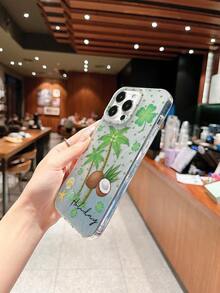 1pc St. Patrick's Day Coconut Tree & Four-Leaf Clover Print Phone Case, Transparent Foil Texture Full Coverage Shockproof Soft Shell, Fresh Vacation Style Gift Protective Cover, Compatible With IPhone17/17Pro/17ProMax/16/11/16Plus/16ProMax/16e/15ProMax/13/14/12/14ProMax/12ProMax/13ProMax/12Pro/13Pro/14Pro - Colorful Feather Yarn - View 4