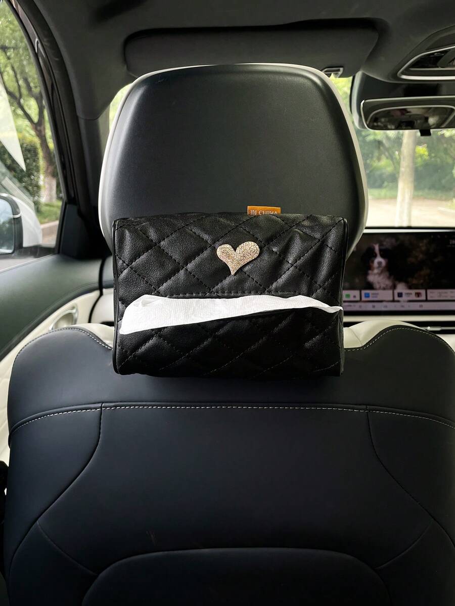 Creative Heart-Shaped Car Tissue Holder, Leather Material, Car Sun Visor Tissue Box, Armrest Tissue Bag, Seat Back Tissue Holder, Car Interior Accessory, Tissue Decorative Bag - Love - View 1