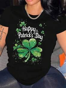 Green St Patricks Day Plus Size Womens Short Sleeve Crew Neck T Shirt St. Patrick's Day Theme Printed Fitted Round Neck Fashion Women's Short Sleeve Casual Wear - Negro - Ver 2