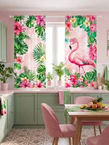 2pcs Flamingo Print Curtains,Tropical Floral Leaf Rod Pocket Curtains,Pink Girly Bedroom Curtains,Boho Home Decor,Living Room Balcony Window Treatments,Vacation Style Room Setting,Curtain Panels - Multicolor - View 11