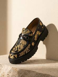 Black & Gold Baroque Jacquard Thick Sole Loafers With Horsebit Buckle Slip-On Dress Shoes Height Increasing Anti-Slip Casual Men's Shoes Fashion British Style Derby Shoes [Random Pattern] - Black - View 6