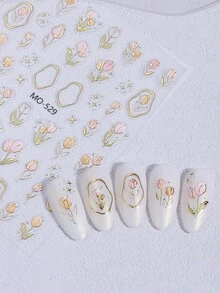 2pcs 5D Embossed Gold Foil Tulip Nail Stickers, Spring/Summer Floral Pattern Nail Art Decals, Pink Tulip Leaf Design Nail Decorations, Self-Adhesive Nail Accessories For Women & Girls - Multicolor - View 4