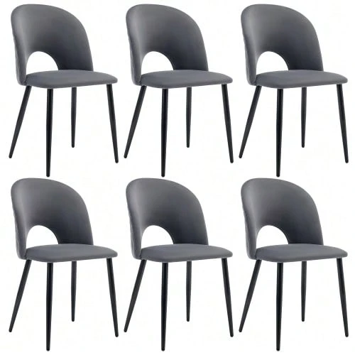 Set Of 6 Designer Dining Chairs, Upholstered And Featuring A Velvet Seat And Backrest, Metal Frame And Adjustable Feet. Diamond Pattern On The Backrest, Grey Color. - Grey - View 1