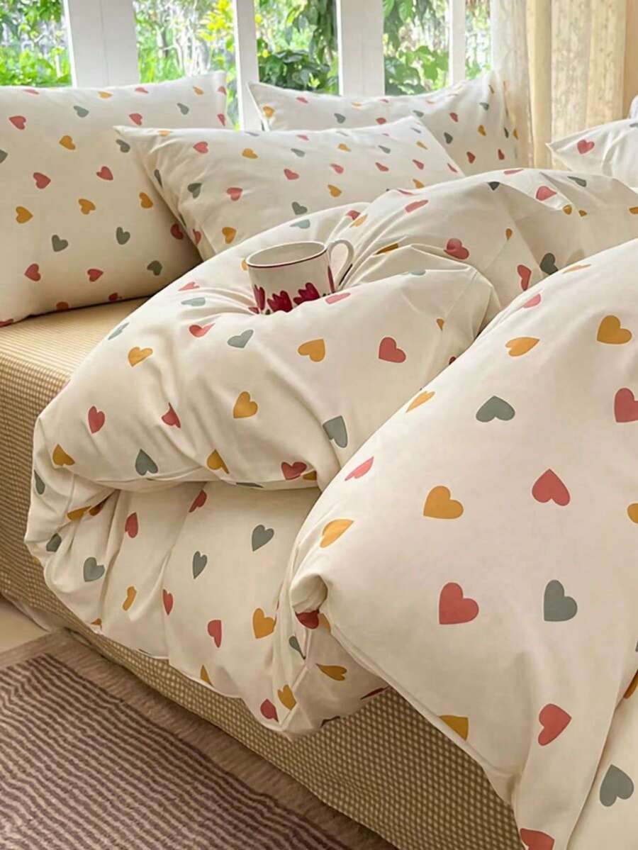 Juego de ropa de cama de 3 piezas con patrón de corazones de colores, 2 fundas de almohada + 1 juego de edredón (no incluye sábana y relleno)