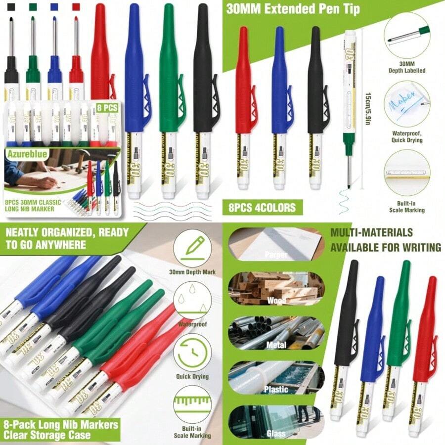 8pcs 30mm Long Nib Marker, Long Head Deep Hole Marker Pens, Waterproof Construction Markers Marking Tool, Multi-Purpose Deep Reach Pen Makes For Metal, Carpenter, Woodworking, 4 Colors - 8pcs30mm - View 1
