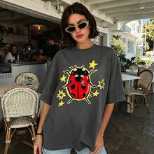 100% Cotton Unisex Tee, Star & Ladybug Print, Vintage Style, Premium Fabric, Summer Graphic Top, Ideal For Daily Wear & Holiday Gifts - 深灰色 - 查看 7