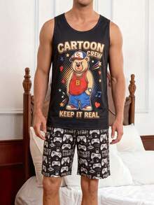 Hip-Hop Cartoon Bear Print Men's Loungewear Tank Top Set, Game Controller All-Over Print Shorts 2 Pieces Set, Summer - Black - View 1