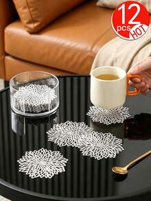 12pcs Gold Flower 15-Inch Round Placemats, PVC, 3.94-Inch Round Hollow Flower Coasters, Washable, Easy Clean, Wipe-Clean, Non-Slip, Heat-Resistant, Suitable For Room Decor, Dining Table Decor, Home Decor, Holidays, Parties, Birthdays, Weddings And Dinners - Multicolor - View 20