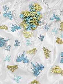 100pcs Blue & Gold Princess Sequin Confetti, Glitter Castle Crown Carriage Bow Table Scatter, Fairy Tale Theme Decoration For Girls Birthday Party - Blue Gold - View 5