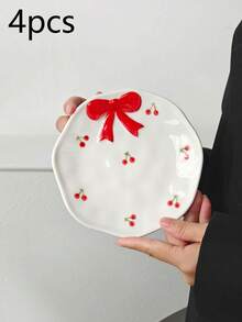 1/2/4pcs Embossed Cute Bow Ceramic Plates, Korean Style Minimalist Ceramic Plates, Afternoon Tea Dessert Plates, Coffee Cup Trays, Breakfast Plates, Casual Snack Plates, Cake Plates, Candy Plates, Gift Tableware, Plates, Suitable For Various Scenes Office, Restaurant - Multicolor - View 18