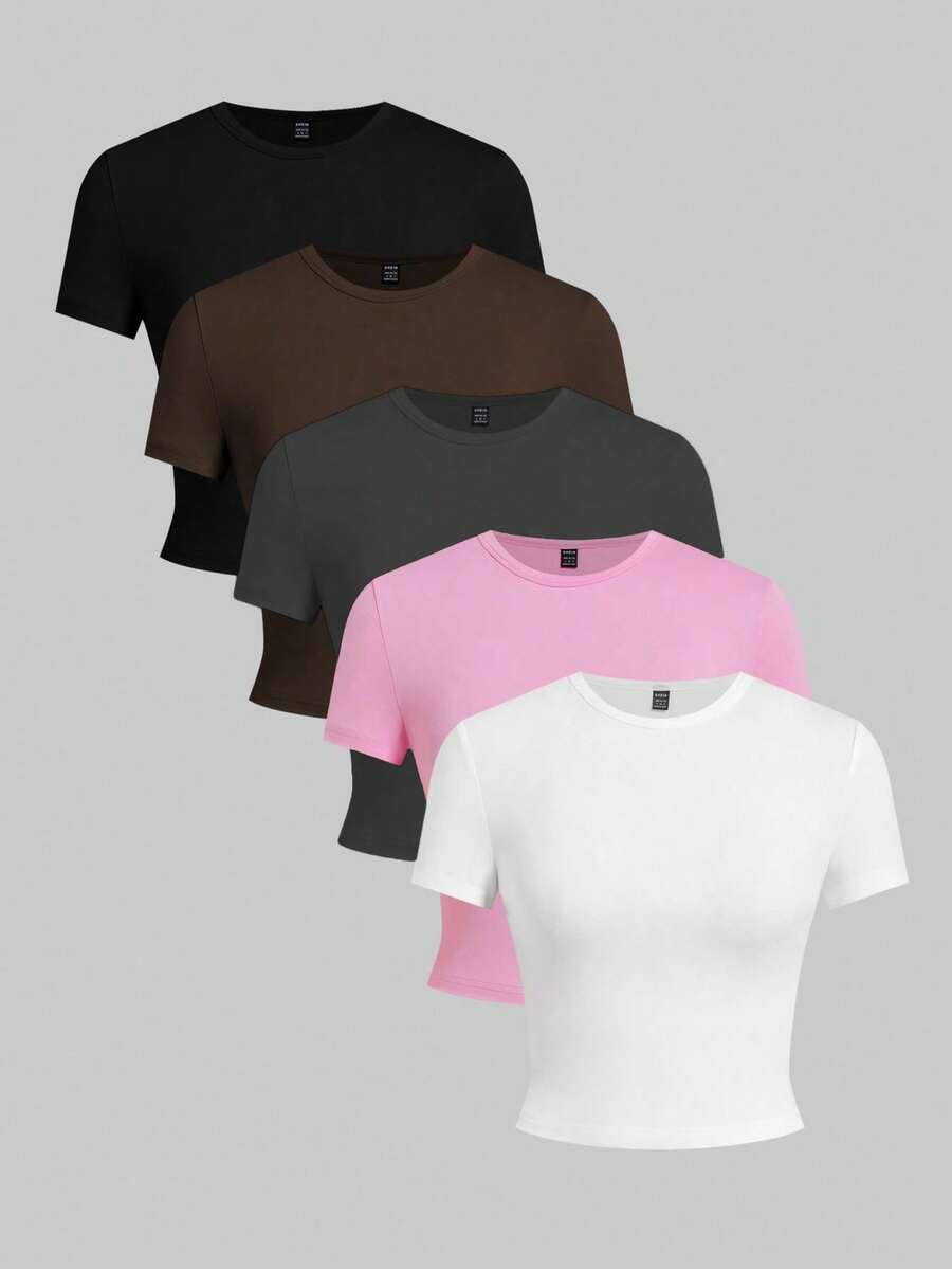 Set Of 5 Basic Solid Color Sleeveless Fitted T-Shirts For Women - Multicolor - View 1