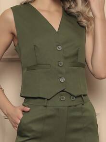 Elegant Tailored Vest And Trousers Set - Formal/Casual - 軍綠色 - 查看 3