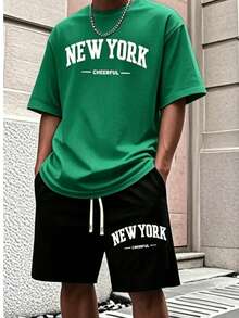 Men'S New York Casual Short Sleeve Black With White Lettering Casual Style| Comfortable Fit, PLUS SIZE  Men's Casual Outfit, Cotton Sportswear Set - 綠色 - 查看 6
