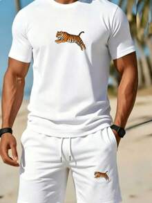 Men's Fashionable Short-Sleeve Set: Summer Crew Neck Short-Sleeve T-Shirt + Casual Shorts, 2pcs Sportswear Set With Flying Leopard Pattern Heat Transfer Print, Breathable Short-Sleeve Top, Men's Casual Sportswear Set,  T-Shirt + Shortssummer Tops Summer Clothes - 混合顏色 - 查看 1