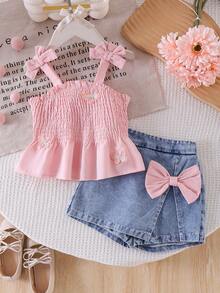 2pcs/Set Young Girl' Sweet Cute 3D Butterfly Suspender Top And Denim Skirt Outfit, Summer - Pink - View 1