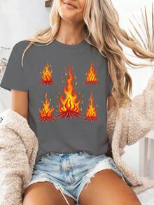 Comfortable Women's T-Shirt With Vibrant Multicolored Rising Flame Print - 深灰色 - 查看 1